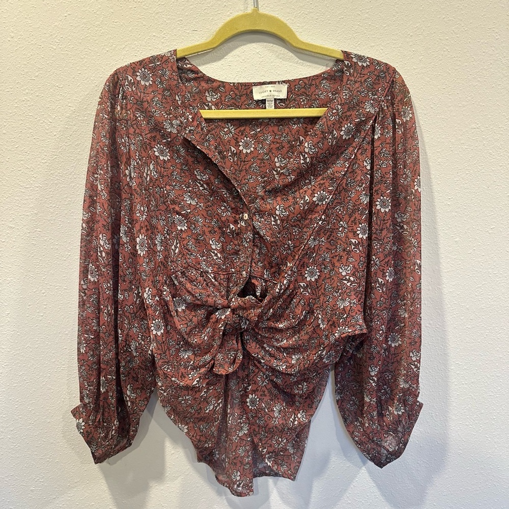 Lucky Brand Sheer Boho Top Womens, Medium, Long Sleeve V-Neck 1/4 Button